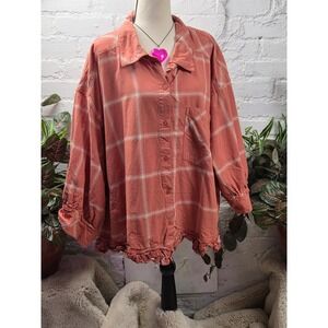 Torrid FESTI Plus Size 4 Orange Plaid Ruffle Hem Button Down 3/4 Sleeve Top‎